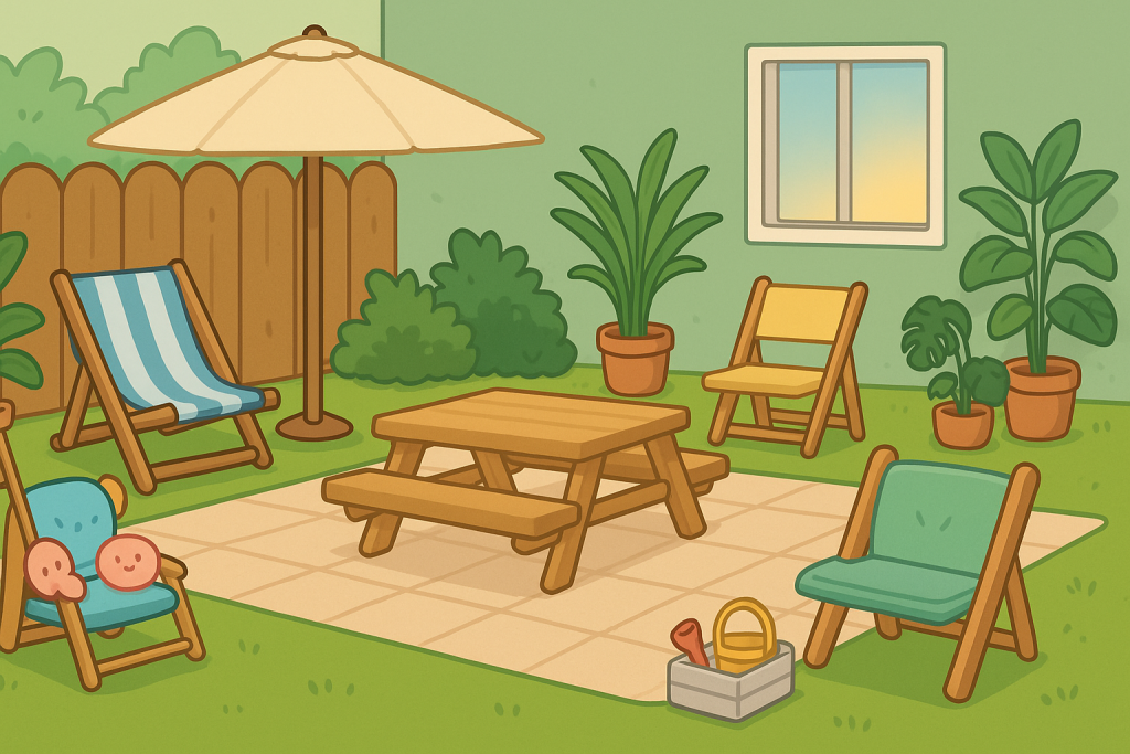 Toca Boca House Ideas — Bedroom, Kitchen & Playground Concepts 6 Toca Boca Outdoor Setup with Picnic Table and Beach Chairs